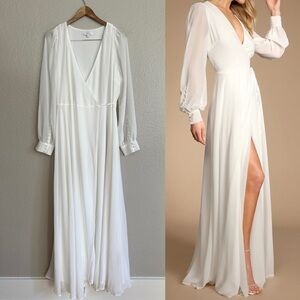 Lulu's White Maxi Wrap Dress with Sheer Bishop Sleeves